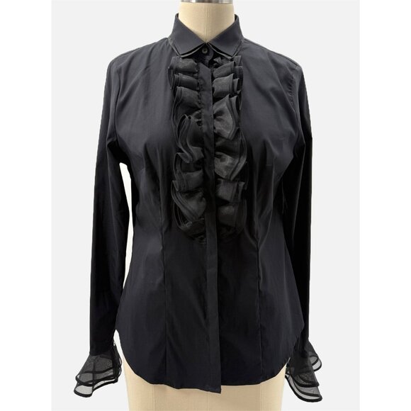 Chic Black Ruffled Women's Button Down Shirt - Picture 12 of 12